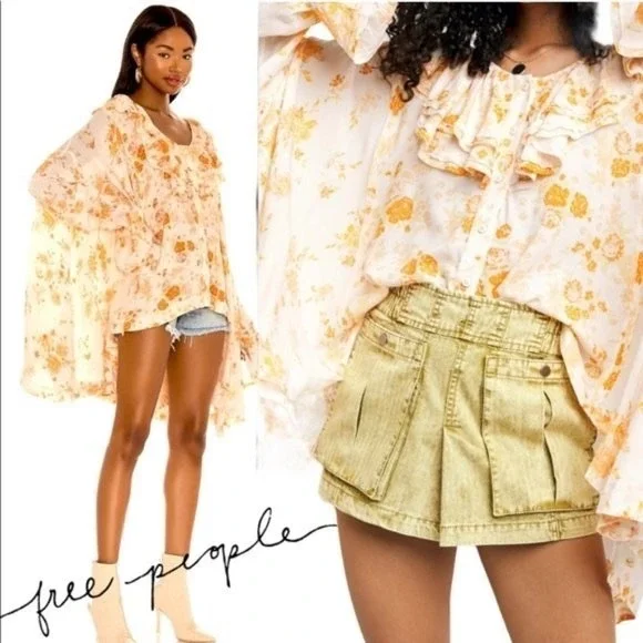 Free People Loretta Tunic Top Oversized Ruffle Tea Combo Floral Boho Chic Medium - Picture 1 of 14